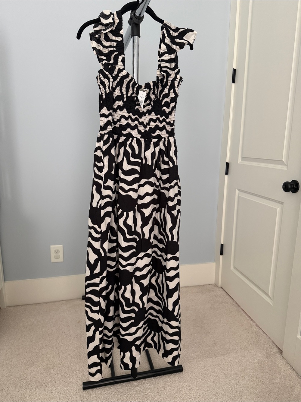 Loft Beach Black & White abstract Print Smocked Maxi Dress